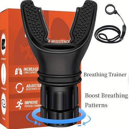 Adjustable resistance breathing trainer with lanyard