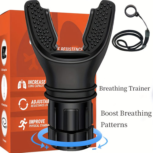 Adjustable resistance breathing trainer with lanyard