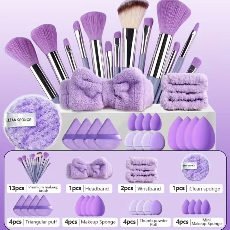 33-Piece Makeup & Skincare Tool Kit — purple brushes, sponges, puffs and spa accessories