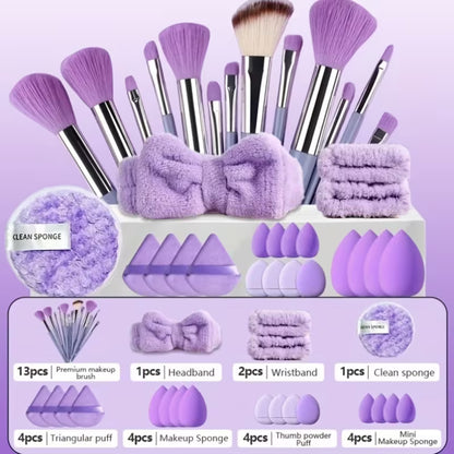 33-Piece Makeup & Skincare Tool Kit — purple brushes, sponges, puffs and spa accessories
